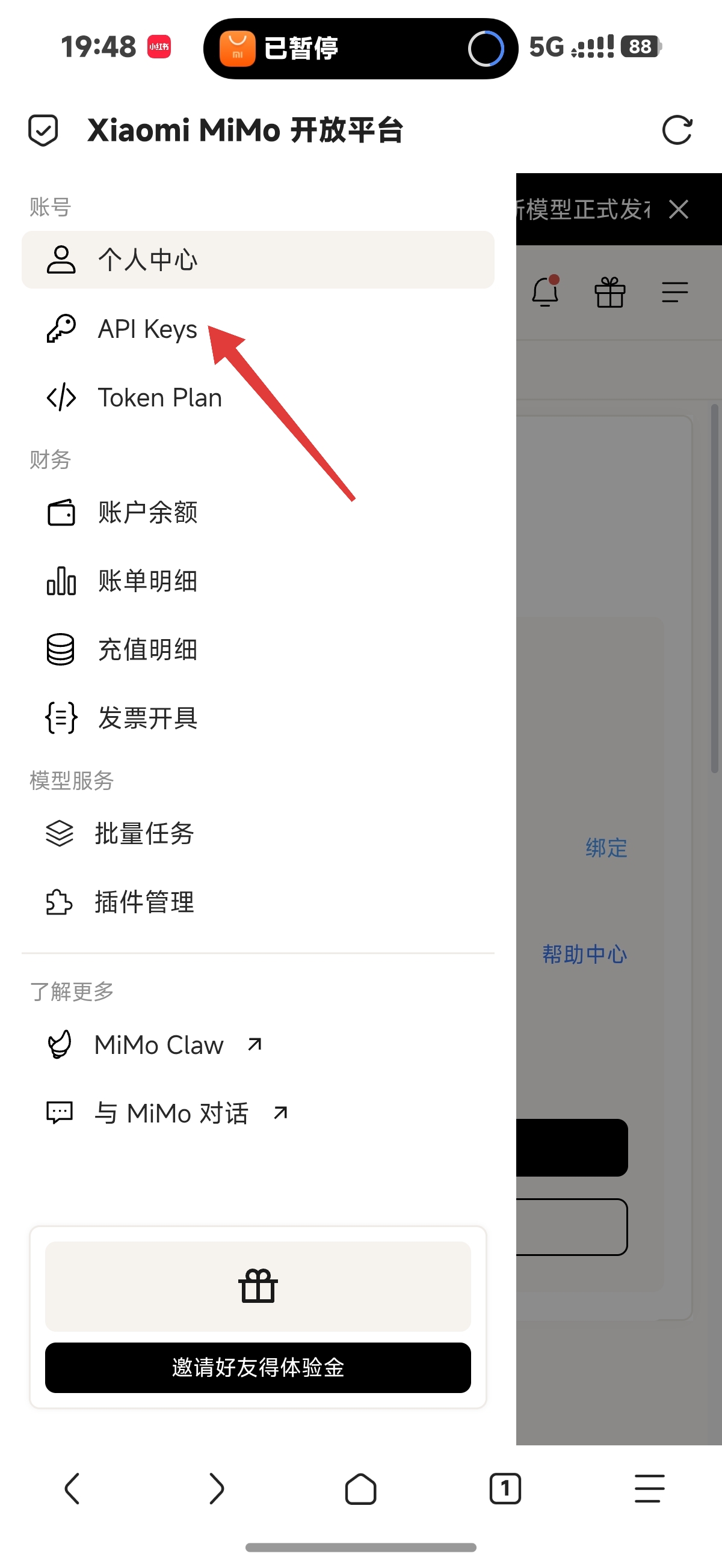 MiMo 侧边菜单：API Keys 入口
